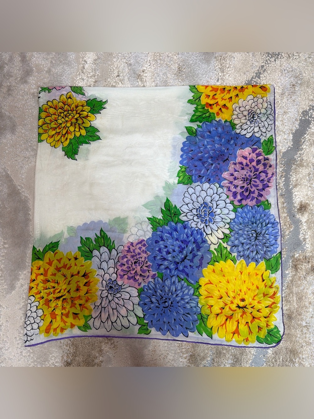 Vintage Floral Square Scarf 31x32 Chrysanthemum Flower Print Purple Yellow Blue